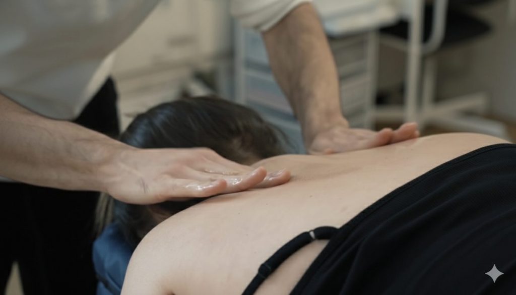 Fisioterapeuta aplicando masaje descontracturante a mujer para aliviar el dolor cervical en Coslada