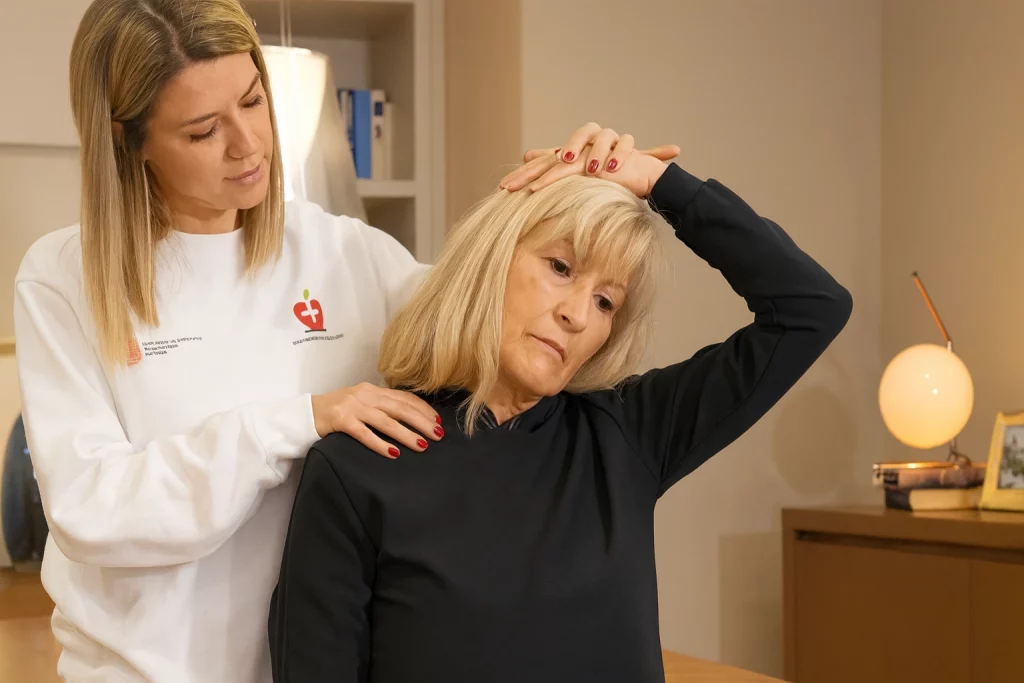 Anciana realizando estirmaientos para cervicalgia con la yauda de fisioterapeuta en Coslada
