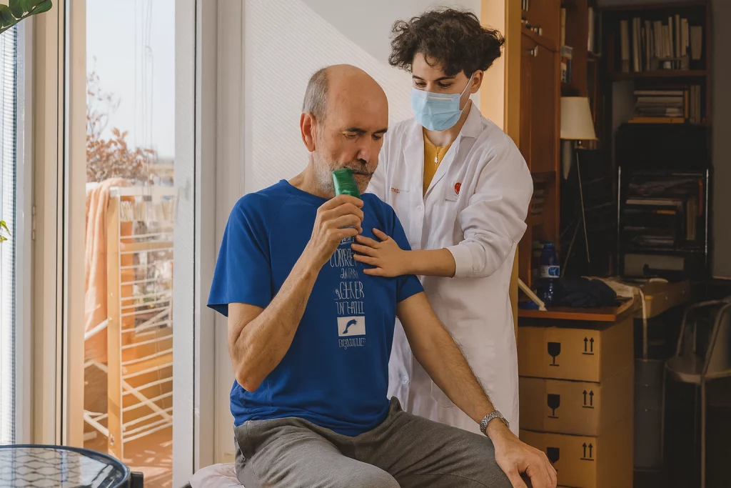 Fisioterapeuta aplicando ejercicios de fisioterapia respiratoria con anciano con EPOC para ganar capacidad pulmonar