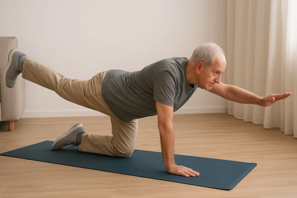 Ejercicio de extensión cruzada bird-dog supervisado por fisioterapeuta para fortalecer la estabilidad lumbar en paciente mayor”