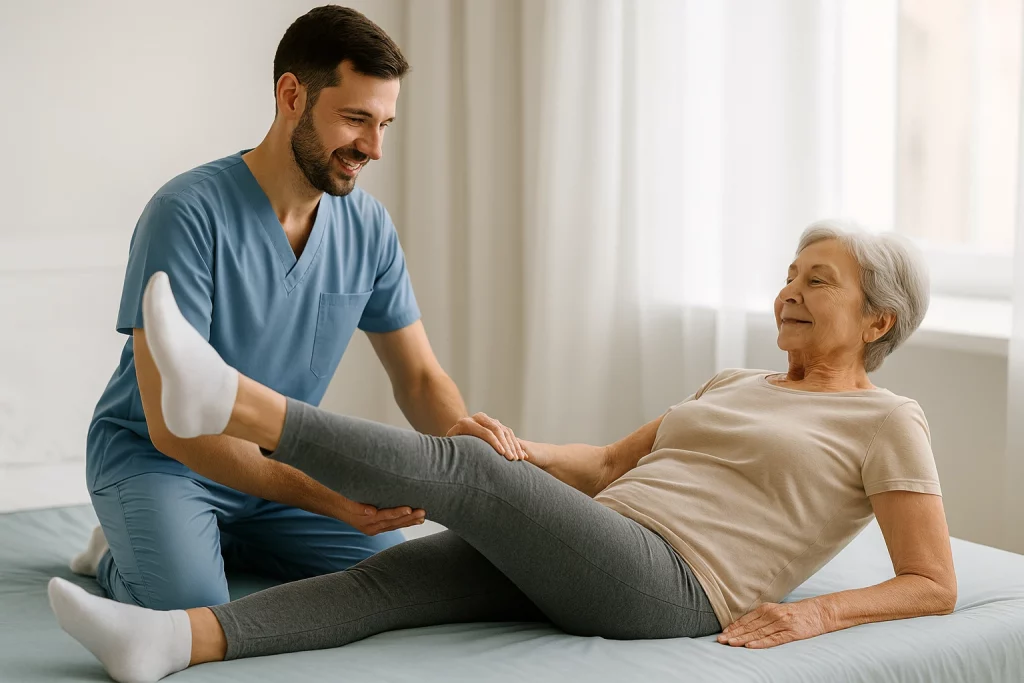 Ejercicio de elevación de pierna estirada para fortalecer la rodilla con artrosis.