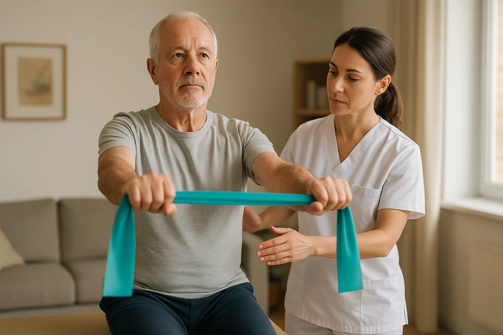 Fisioterapeuta enseñando a paciente mayor ejercicio de fortalecimiento del core con banda elástica para mejorar la estabilidad lumbar