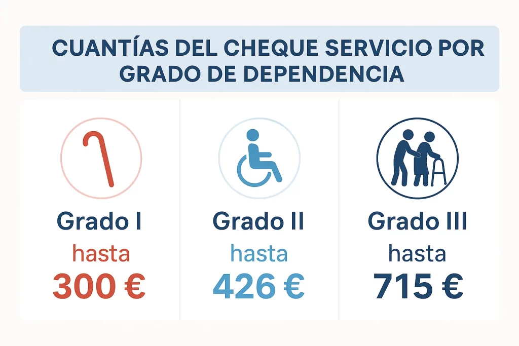 Tabla con las cuantías orientativas del Cheque Servicio en Madrid según el grado de dependencia.