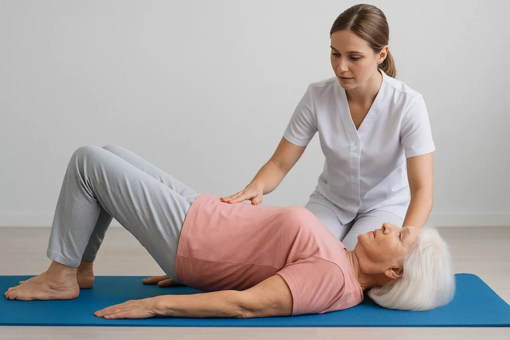 Ejercicio de medio puente para fortalecer glúteos y piernas en artrosis de rodilla.