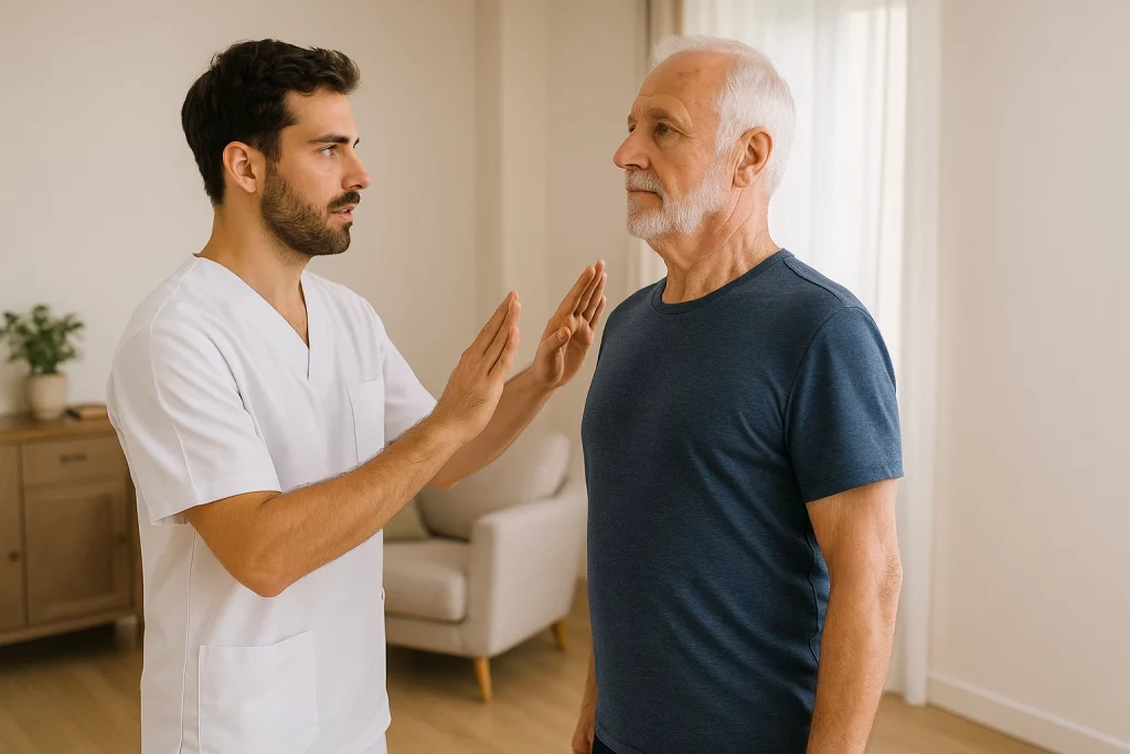 Fisioterapeuta enseñando a paciente mayor a mantener alineación corporal correcta en ejercicio de reeducación postural global