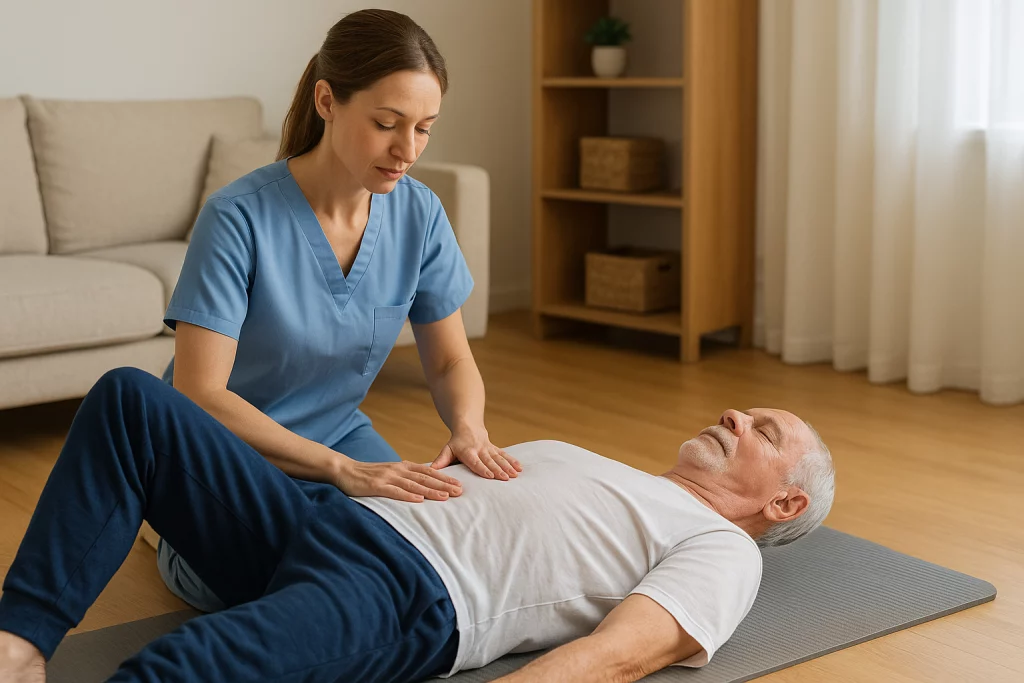 Fisioterapeuta enseñando respiración diafragmática a paciente mayor acostado para mejorar control respiratorio y relajación lumbar