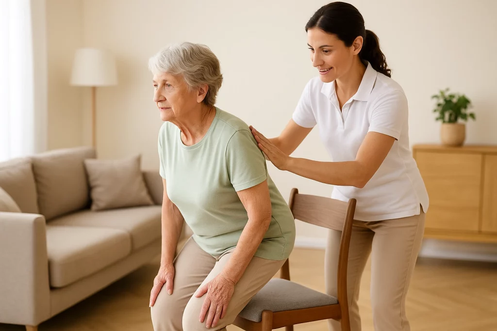 Ejercicio funcional de sentarse y levantarse para mejorar la fuerza en artrosis de rodilla.