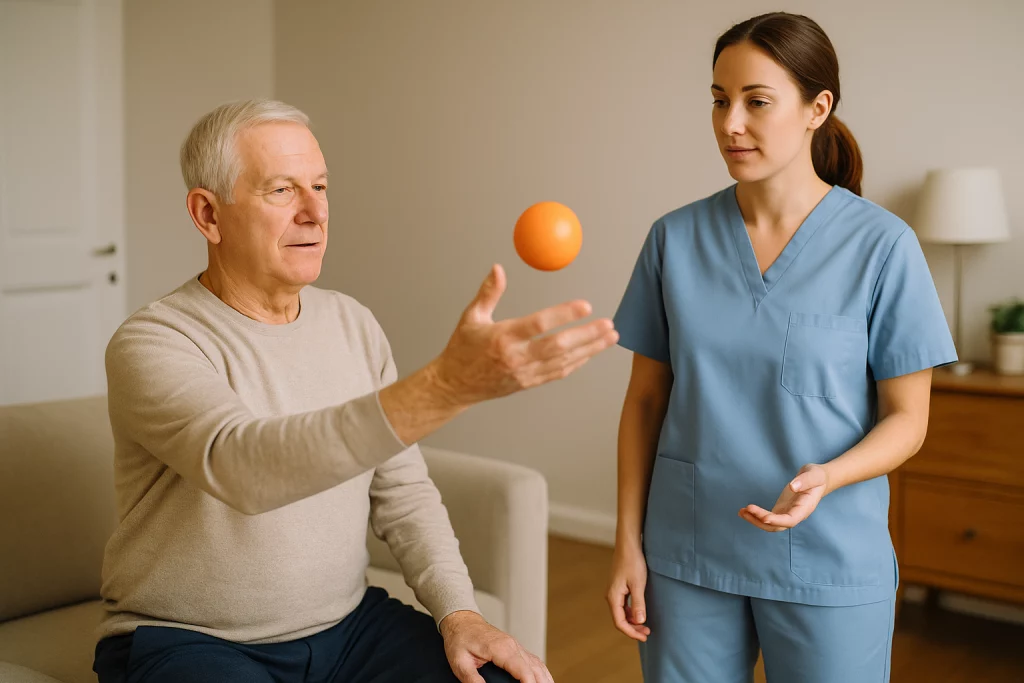 Ejercicio de coordinación mano-ojo con pelota ligera para Parkinson en casa