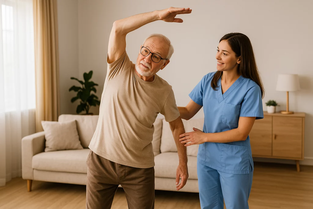 Fisioterapeuta guiando estiramientos globales para reducir rigidez en adulto mayor con Parkinson
