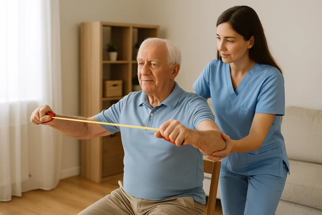 Fisioterapeuta y adulto mayor trabajando fortalecimiento de brazos con banda elástica