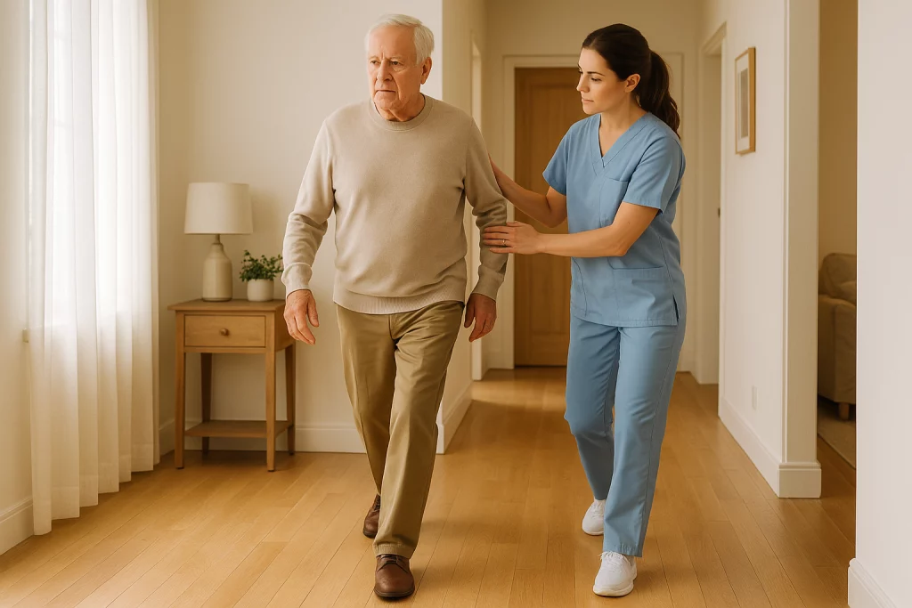 Adulto mayor entrenando la marcha con paso amplio en casa asistido por fisioterapeuta