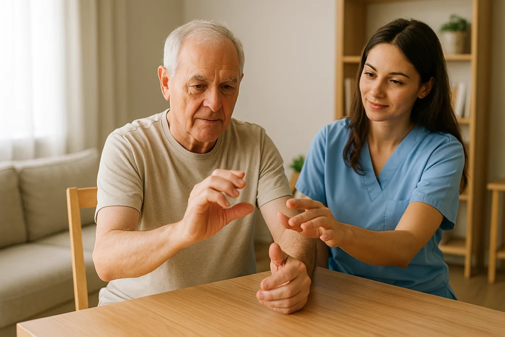 Ejercicio de motricidad fina de manos y dedos en adulto mayor con Parkinson