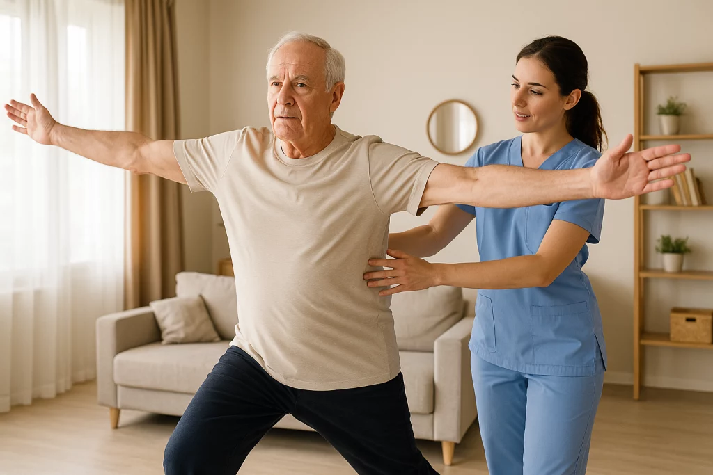 Adulto mayor realizando movimientos amplios tipo LSVT BIG guiado por fisioterapeuta en su domicilio