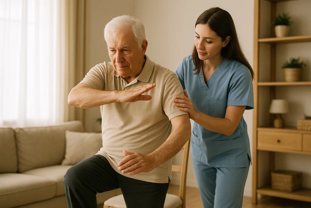 Ejercicio de activación del patrón cruzado en adulto mayor con supervisión de fisioterapeuta