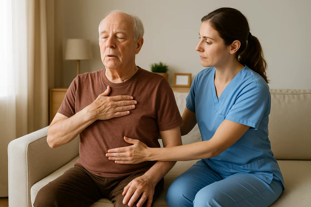 Ejercicio de respiración diafragmática guiado por fisioterapeuta en adulto mayor