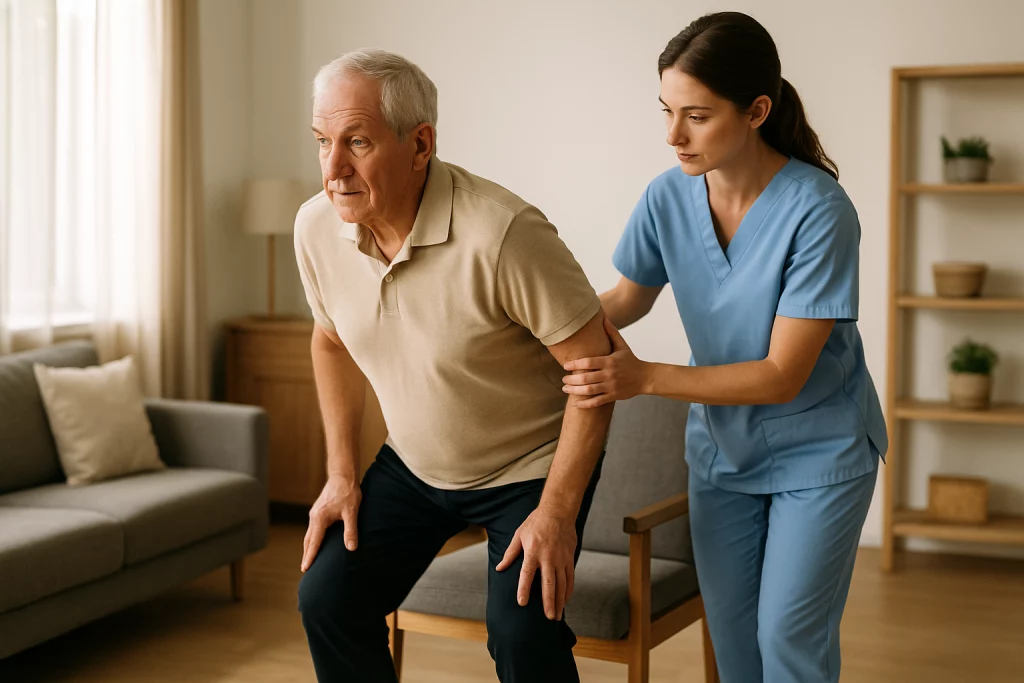 Ejercicio sit-to-stand para fortalecer piernas en adulto mayor con Parkinson