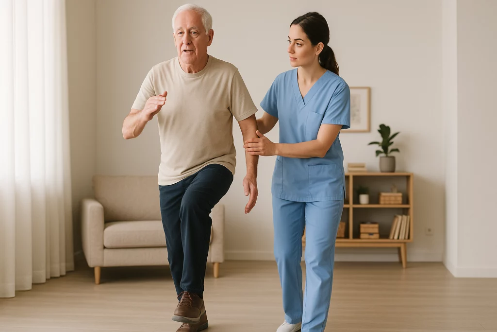 Ejercicio de coordinación durante la marcha en persona mayor supervisada por fisioterapeuta en domicilio