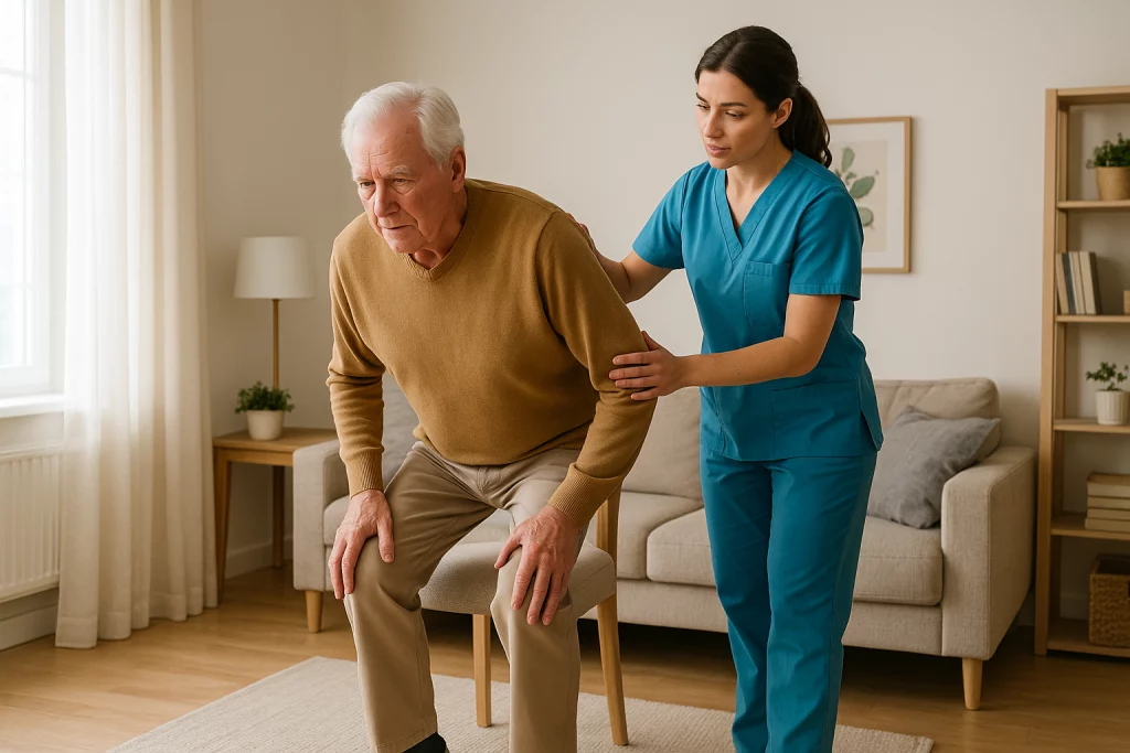 Ejercicio de levantarse y sentarse de una silla realizado por una persona mayor con supervisión de fisioterapeuta en casa