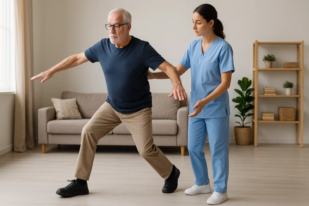 Ejercicio de equilibrio dinámico con desplazamiento controlado en persona mayor guiada por fisioterapeuta