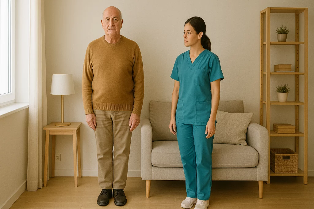 Ejercicio de equilibrio estático de pie en persona mayor con apoyo cercano y supervisión de fisioterapeuta