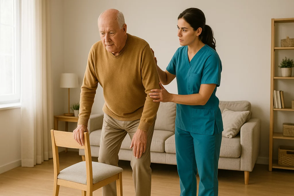 Ejercicios de fuerza en carga realizados de pie por una persona mayor con apoyo y supervisión de fisioterapeuta