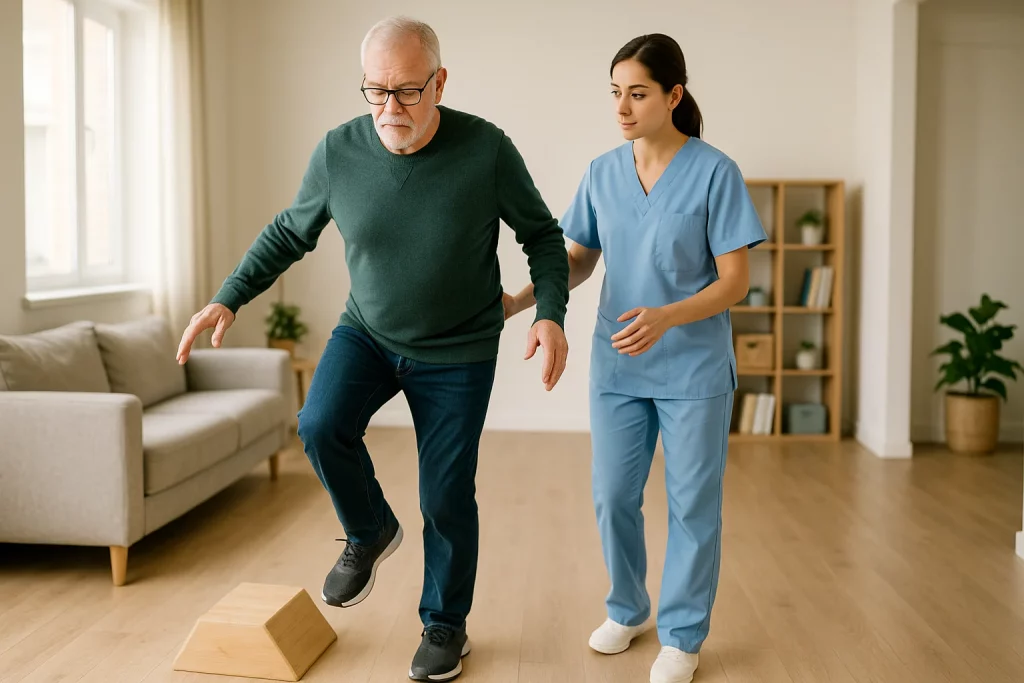 Entrenamiento de marcha funcional en casa para prevenir caídas en personas mayores con fisioterapeuta