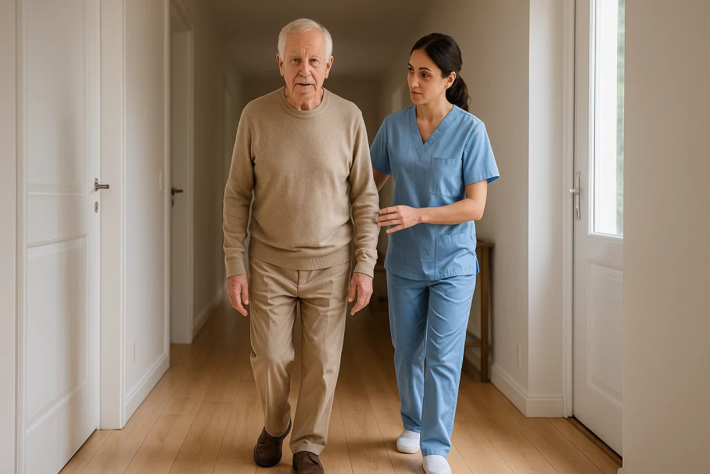 Ejercicio de marcha terapéutica en casa realizado por persona mayor con supervisión de fisioterapeuta