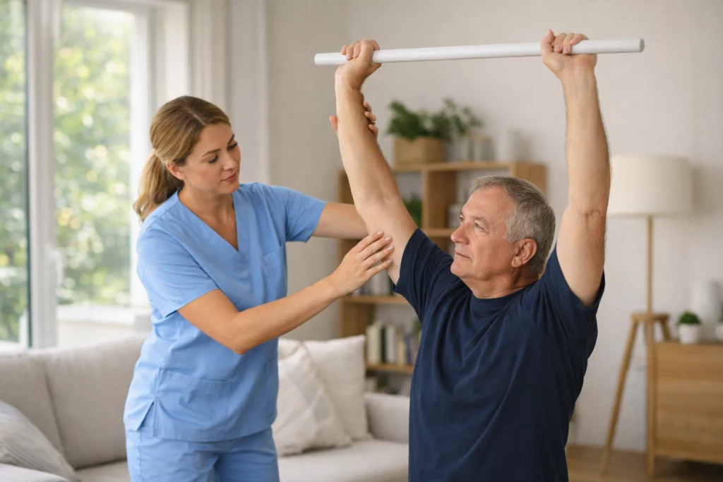 Ejercicio con bastón para recuperar movilidad tras fractura de húmero en Madrid