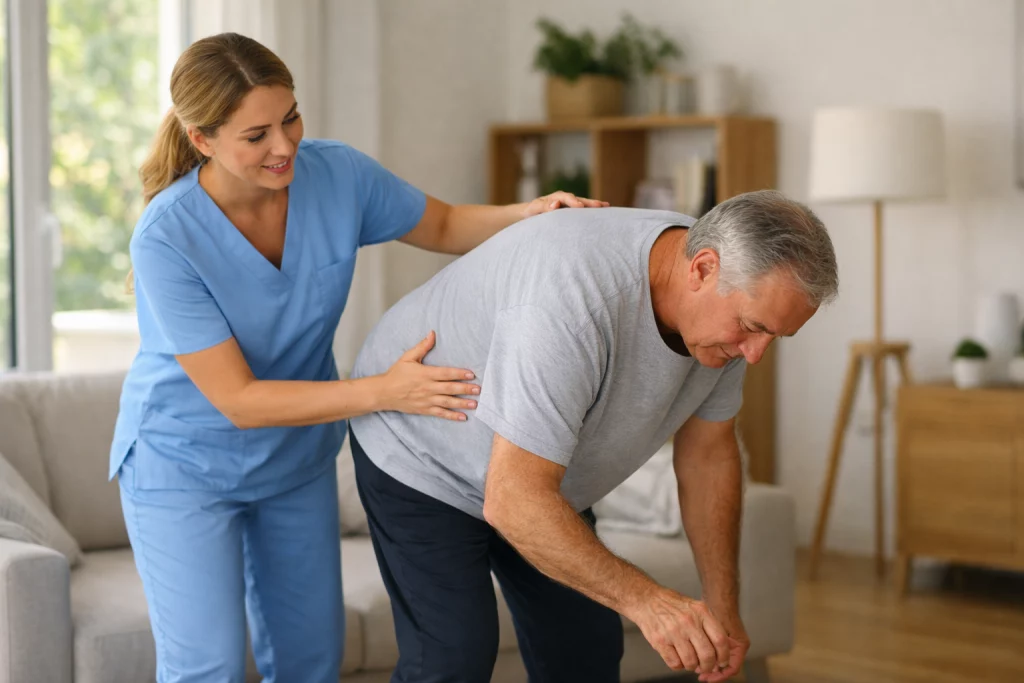 Fisioterapeuta en Madrid guiando ejercicios pendulares tras fractura de húmero en domicilio