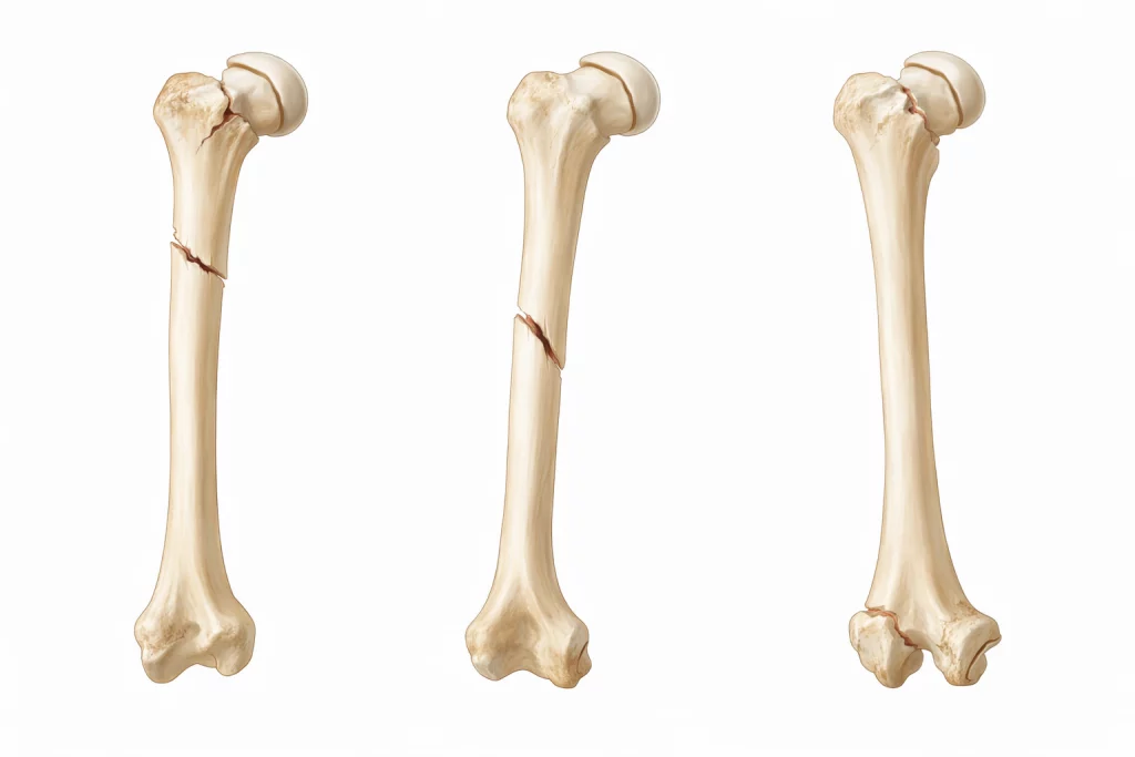 Ilustración anatómica del húmero con tipos de fractura proximal diafisaria y distal