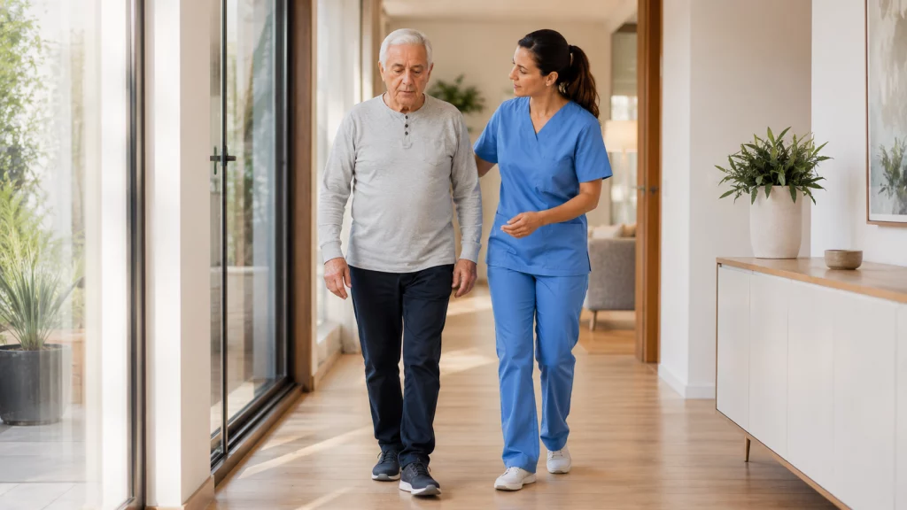 Paciente mayor realizando caminata suave para rehabilitación pulmonar y EPOC en domicilio