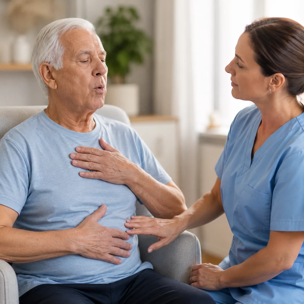 Paciente con EPOC realizando respiración con labios fruncidos durante fisioterapia respiratoria en domicilio