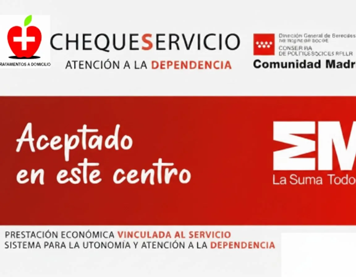 Cartel informativo del Cheque Servicio de la Comunidad de Madrid aceptado por Tratamientos a domicilio