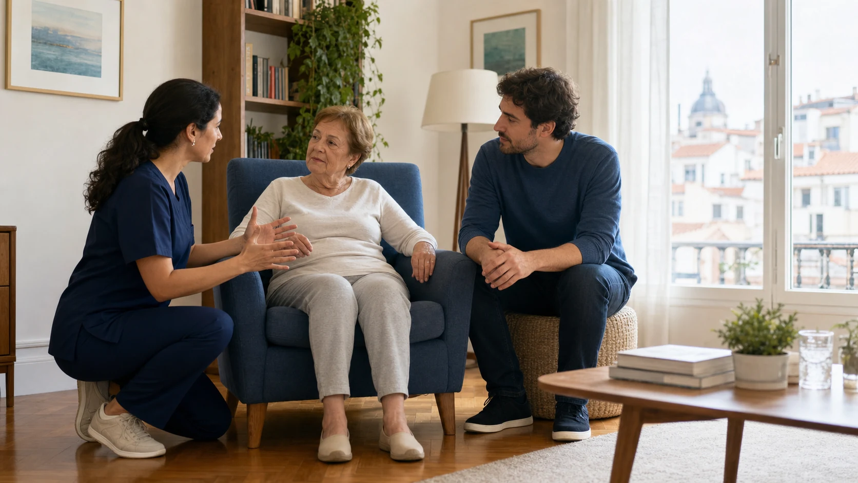 Fisioterapeuta explica un plan de movilidad en casa a una mujer mayor y a su hijo