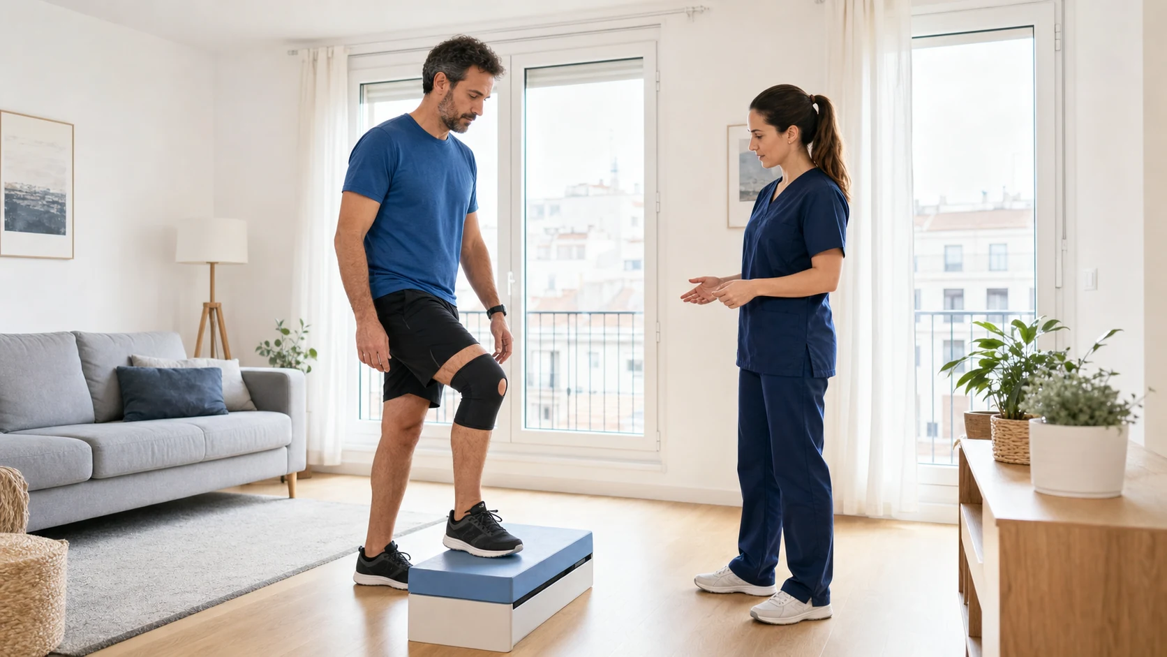 Fisioterapeuta supervisa un ejercicio funcional de rodilla durante una rehabilitación postoperatoria en casa